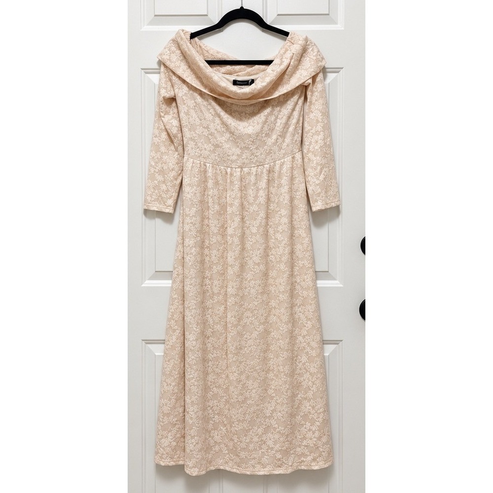 Merokeety Lace Off Shoulder Midi Dress Cream Floral 3/4 Sleeve Formal Wedding